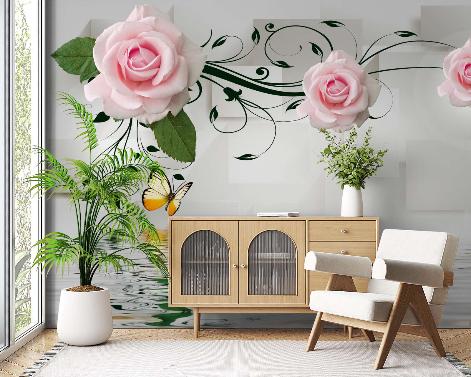 Fototapeten Braune Schmetterlinge und rosa Rosen über der Wasseroberfläche