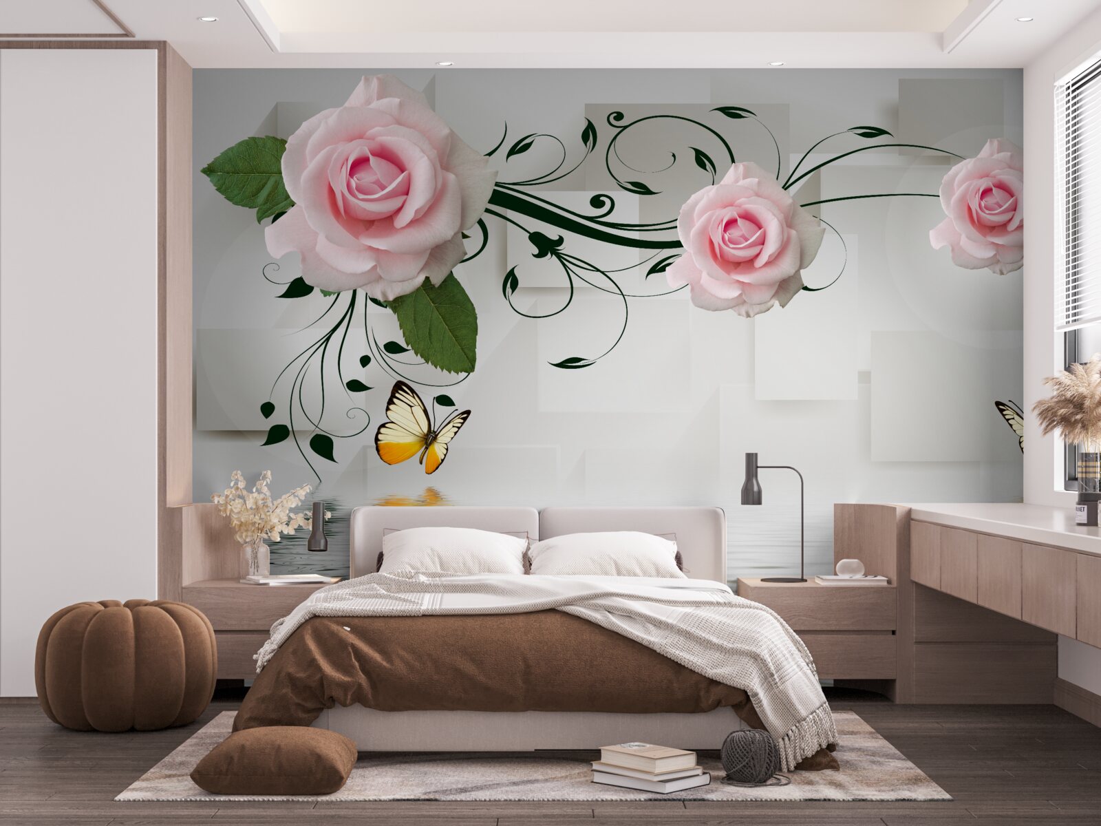 Fototapeten Braune Schmetterlinge und rosa Rosen über der Wasseroberfläche