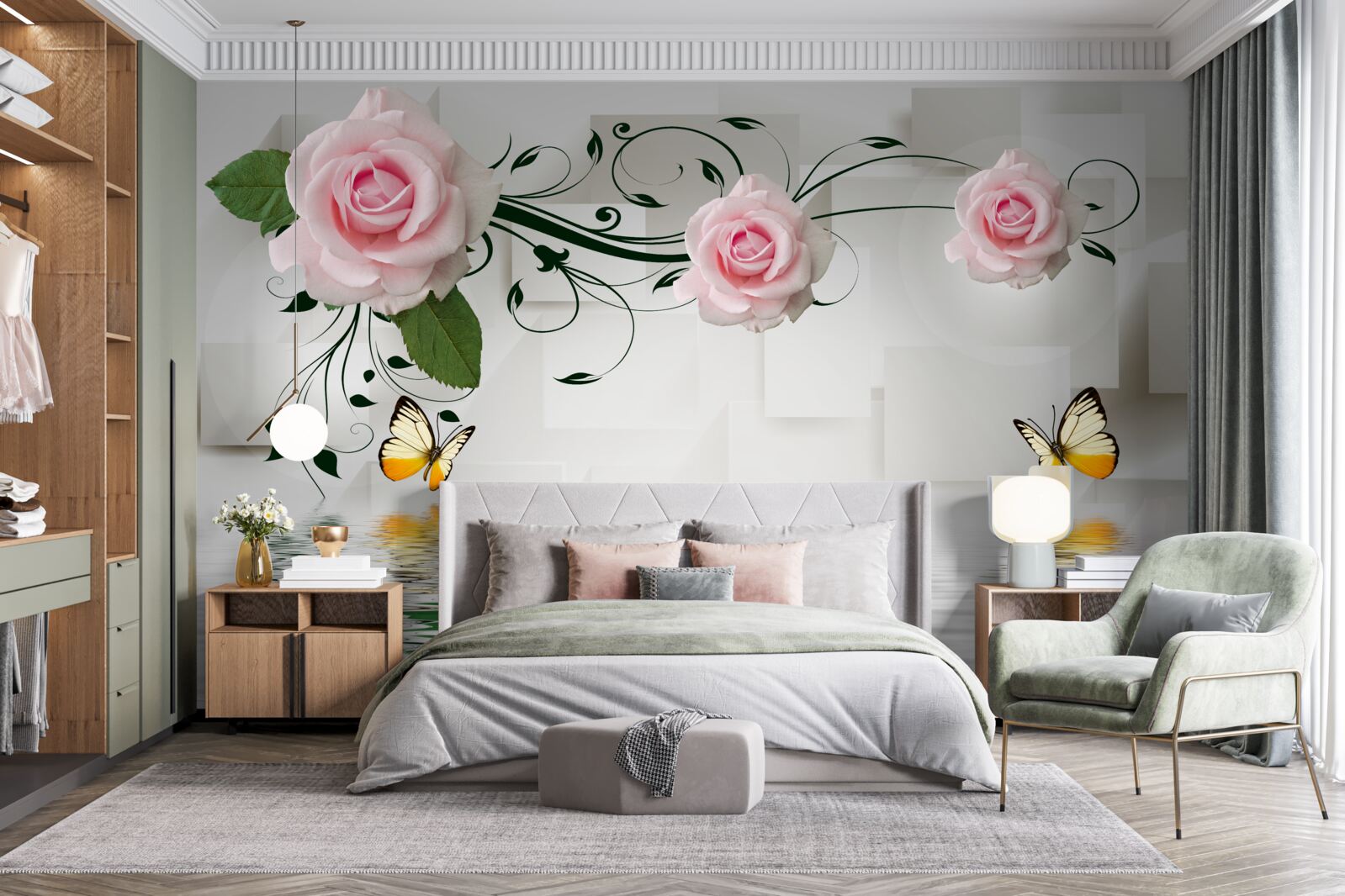 Fototapeten Braune Schmetterlinge und rosa Rosen über der Wasseroberfläche