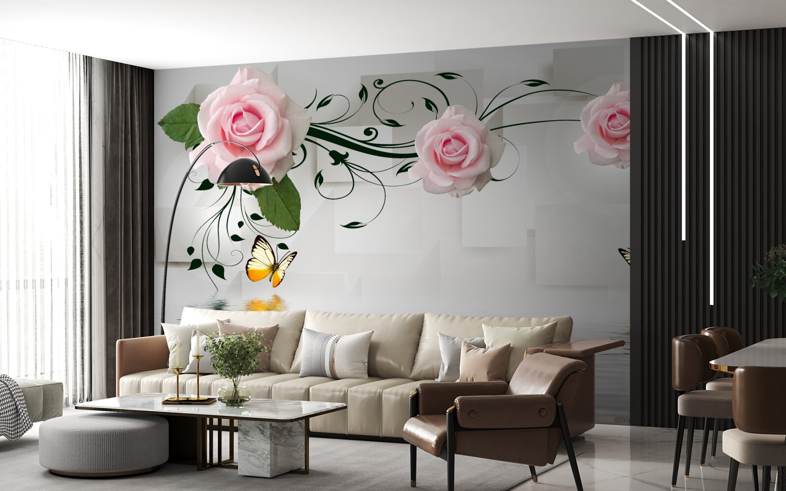 Fototapeten Braune Schmetterlinge und rosa Rosen über der Wasseroberfläche