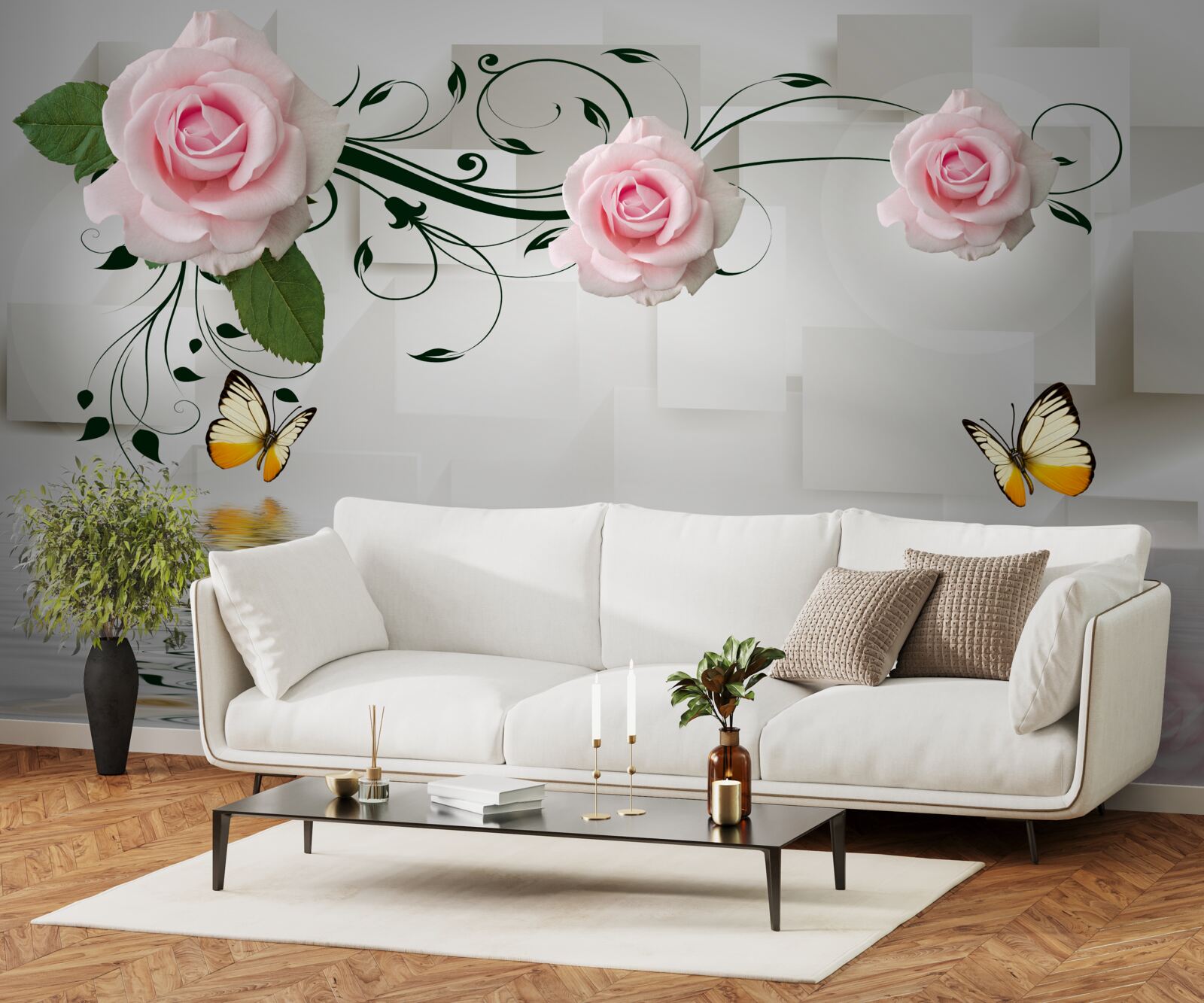 Fototapeten Braune Schmetterlinge und rosa Rosen über der Wasseroberfläche