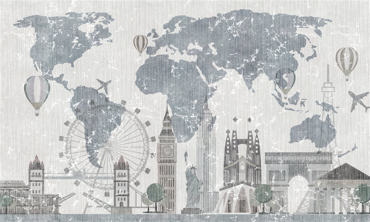 Fototapeten Karte der Welt mit Londoner Denkmäler