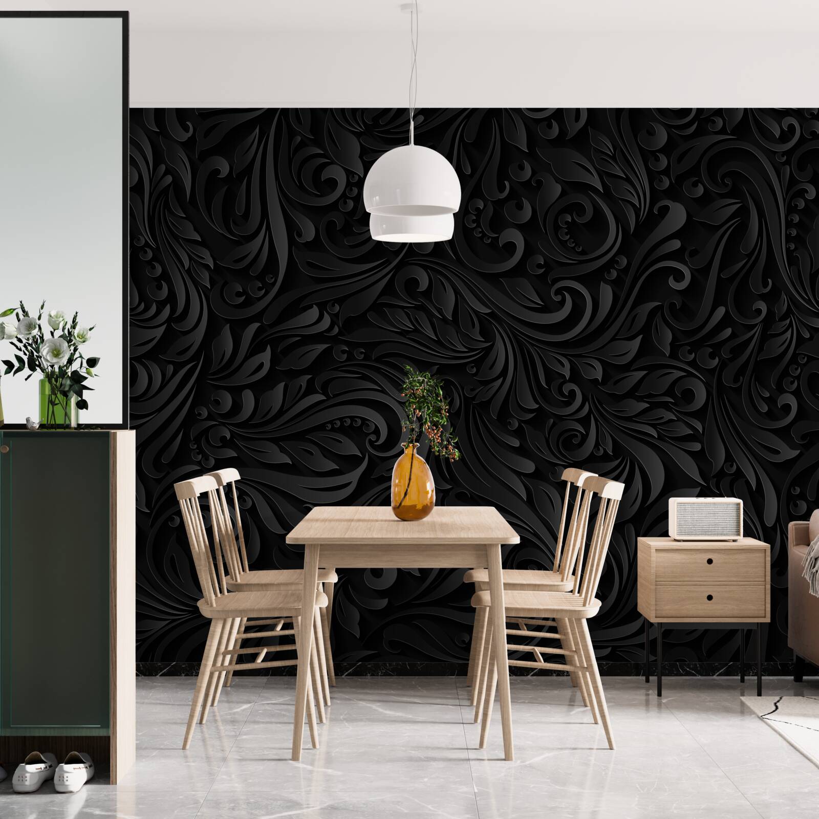 Fototapeten Blätter und schwarze Blumen mit einer Textur