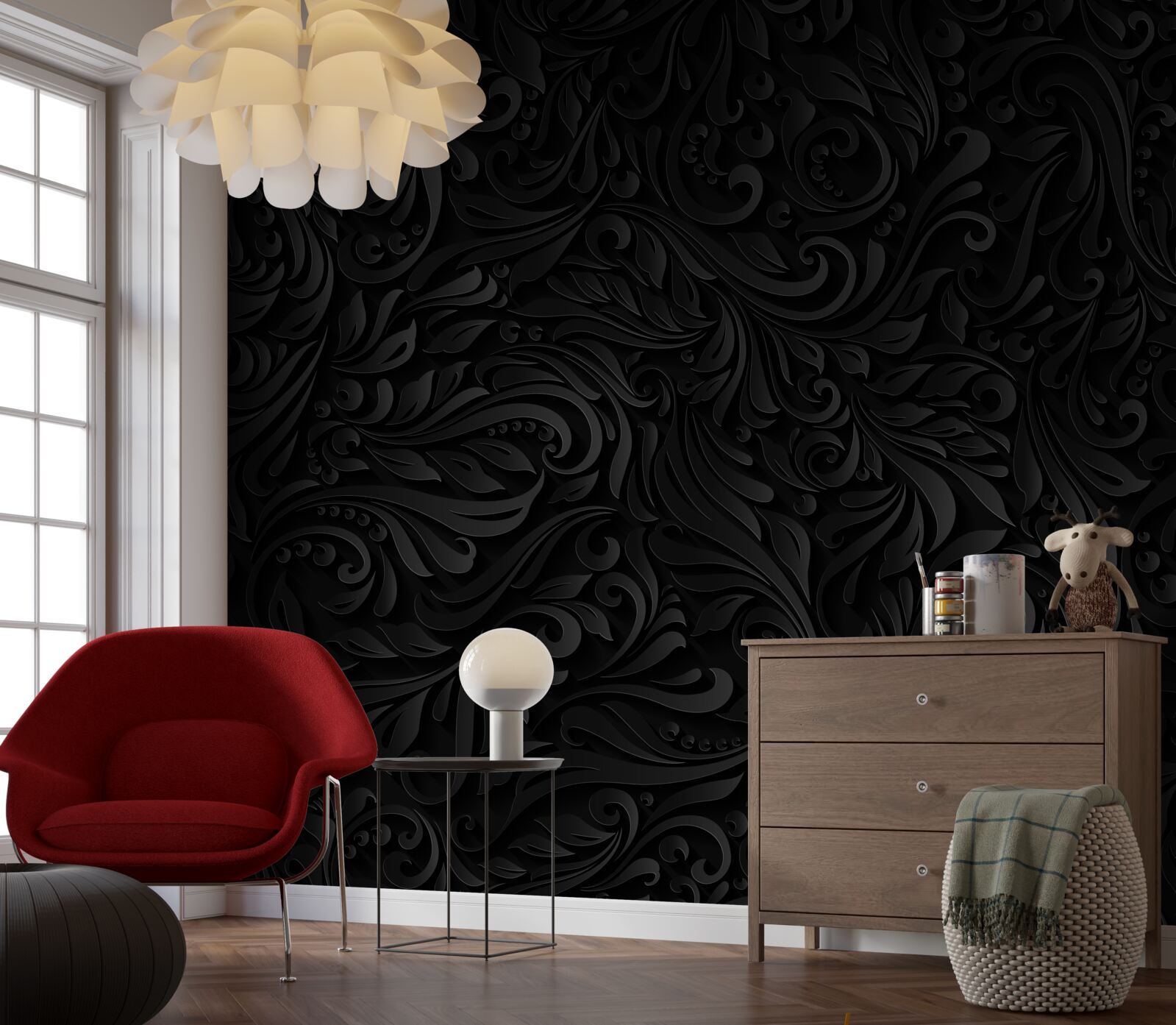 Fototapeten Blätter und schwarze Blumen mit einer Textur