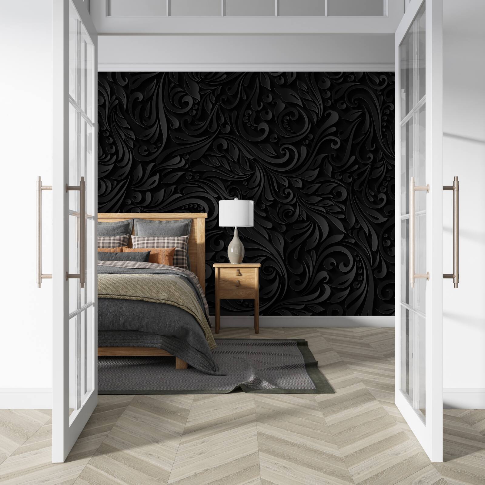 Fototapeten Blätter und schwarze Blumen mit einer Textur