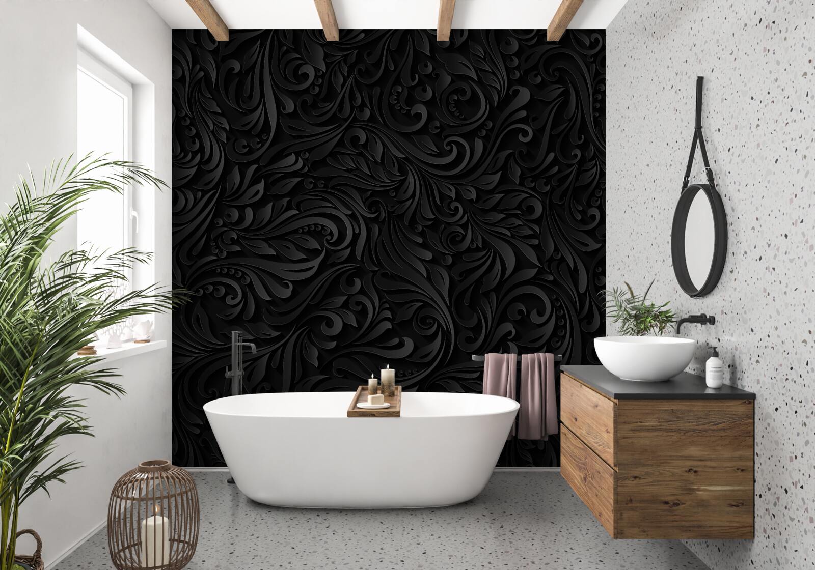 Fototapeten Blätter und schwarze Blumen mit einer Textur