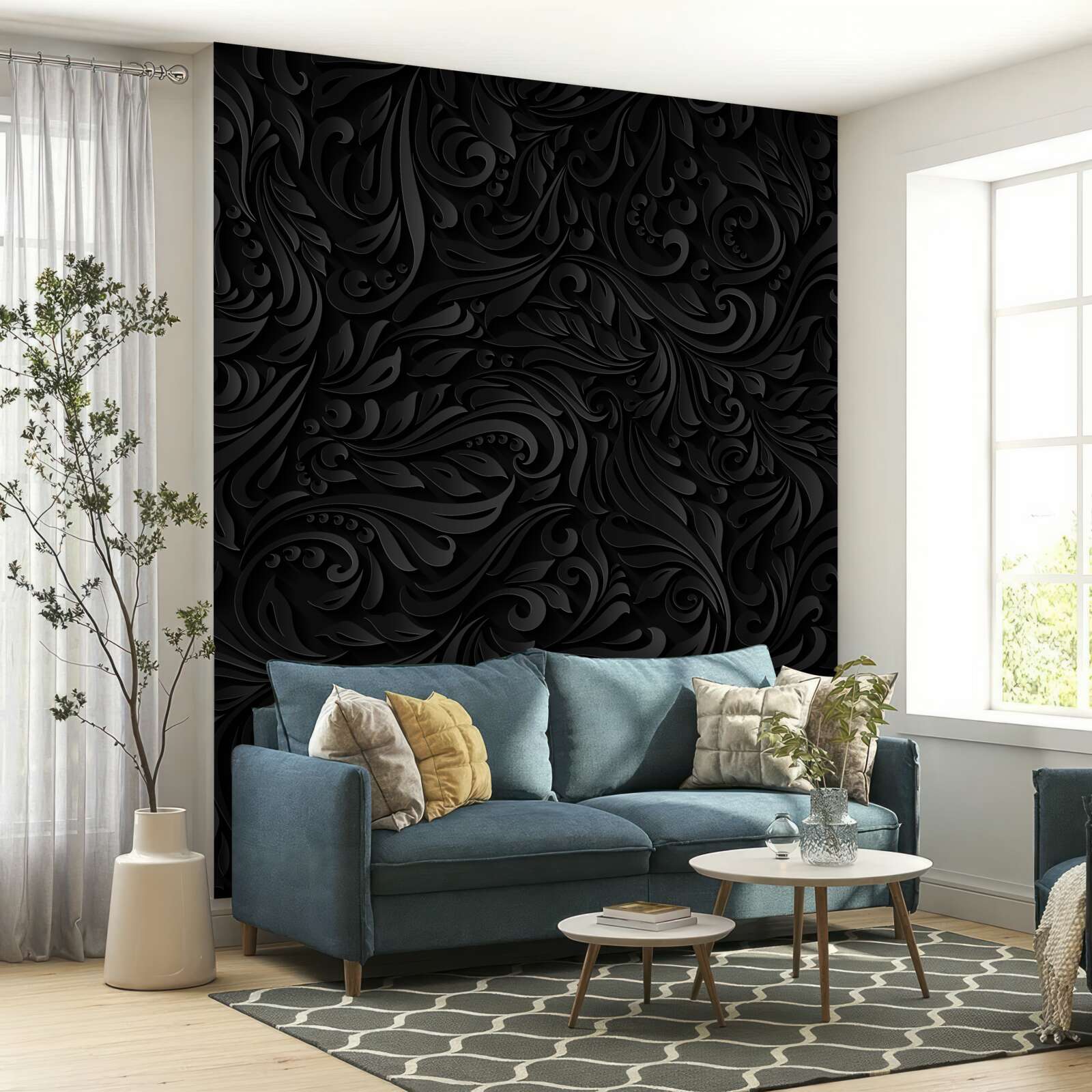 Fototapeten Blätter und schwarze Blumen mit einer Textur