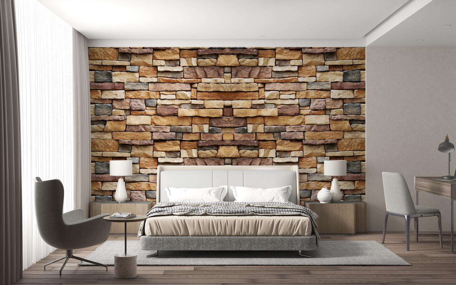 Fototapeten Eine Wand bestehend aus mehrfach gefärbten Steinen