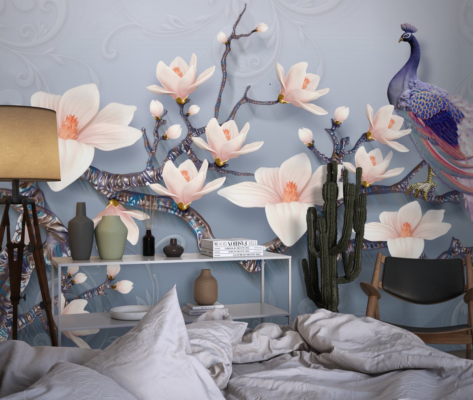 Fototapeten Ein wunderbarer Pfau, der auf einem Zweig mit Knospen sitzt
