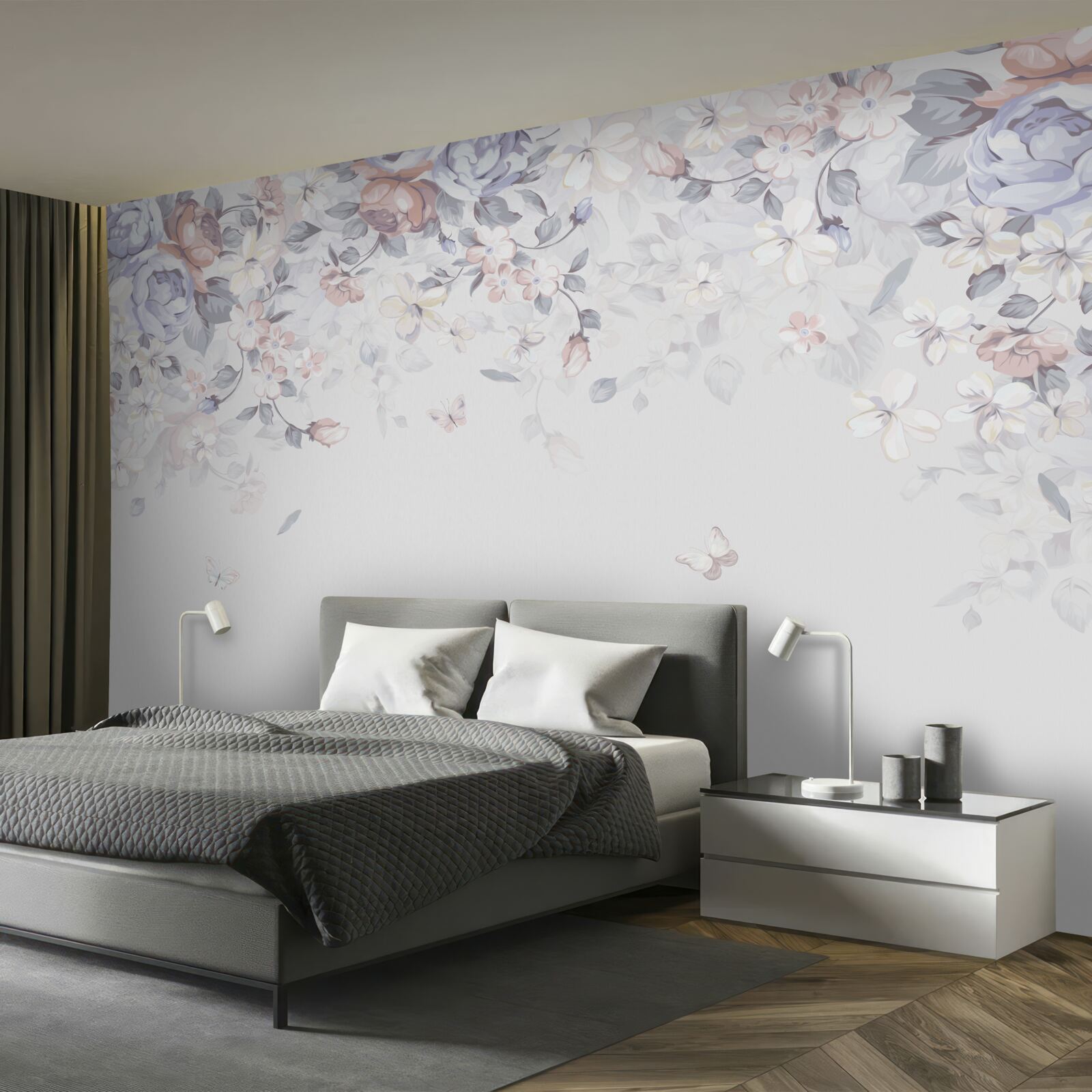 Fototapeten Der weiße Hintergrund ist mit weichen Blüten dekoriert