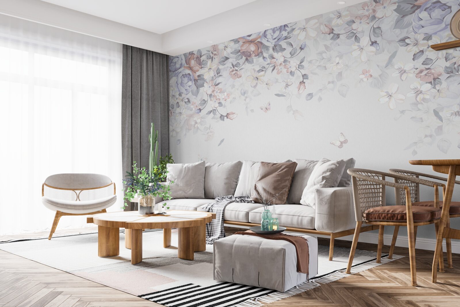 Fototapeten Der weiße Hintergrund ist mit weichen Blüten dekoriert