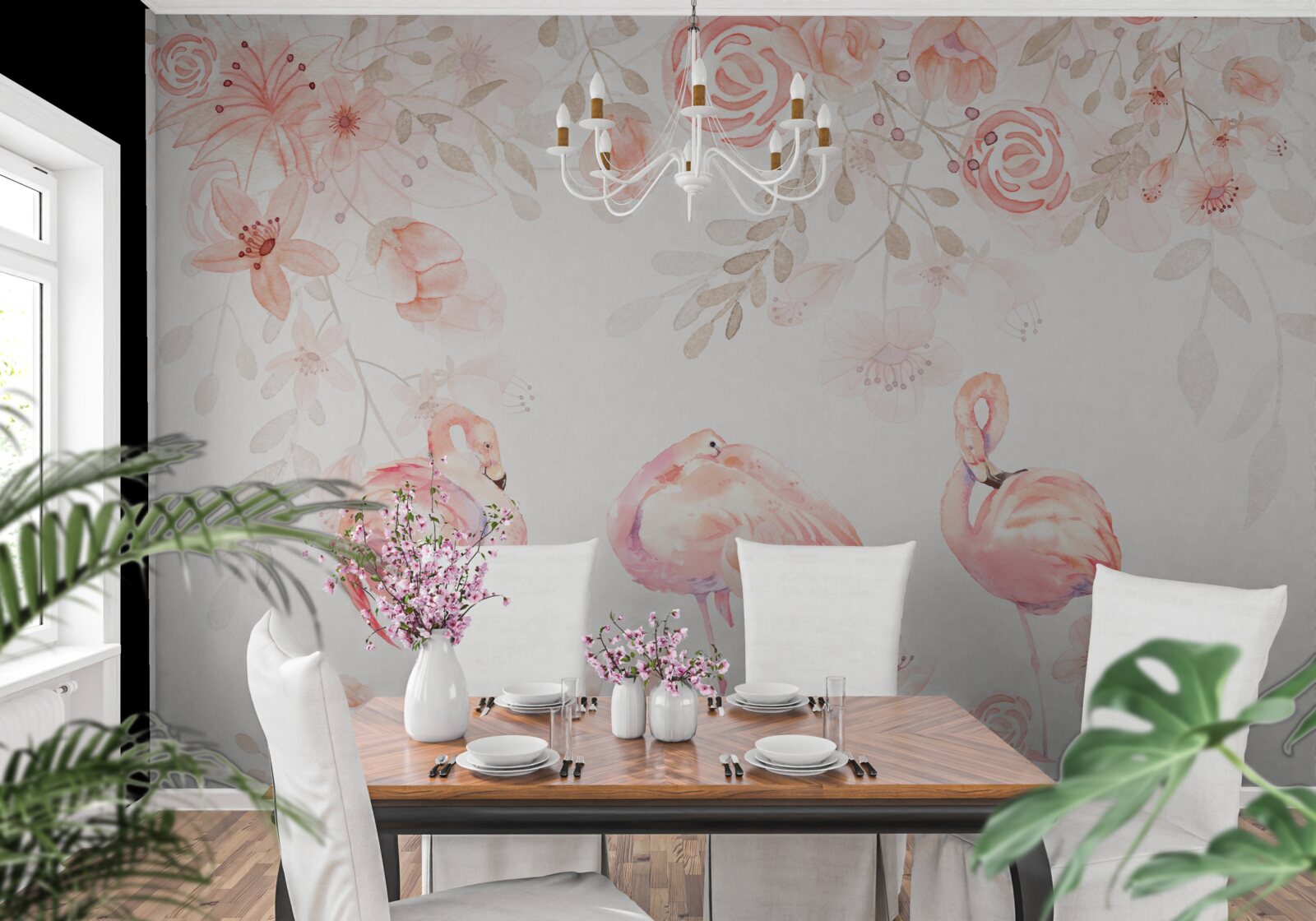 Fototapeten Rosa Flamingos und Knospen