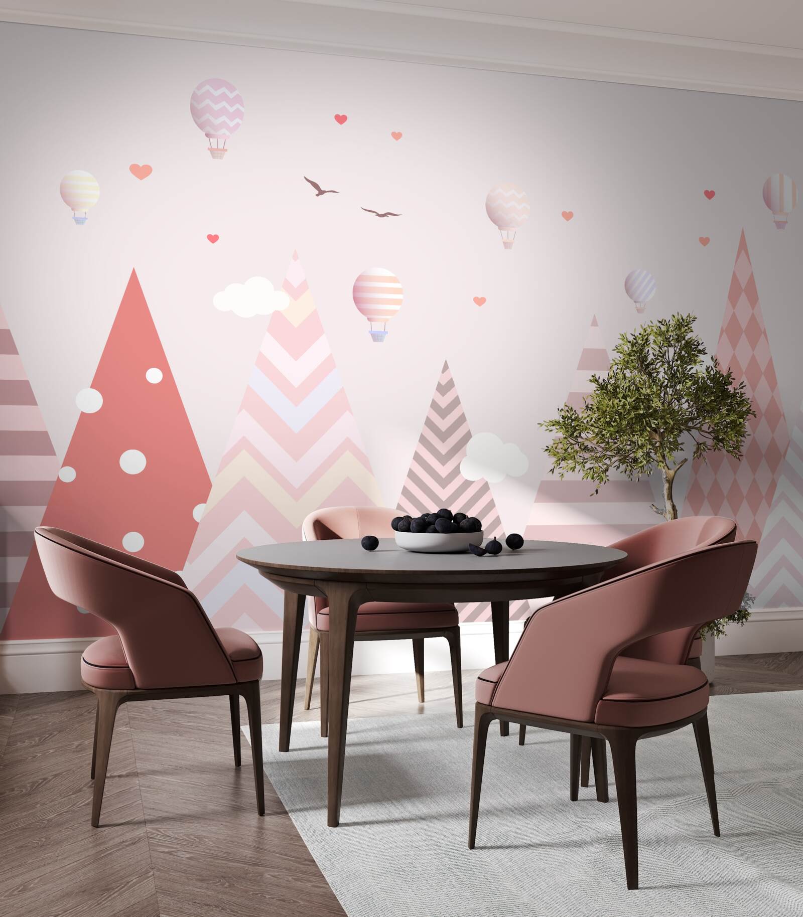 Fototapeten Pink Mountains mit Luftballons dekoriert