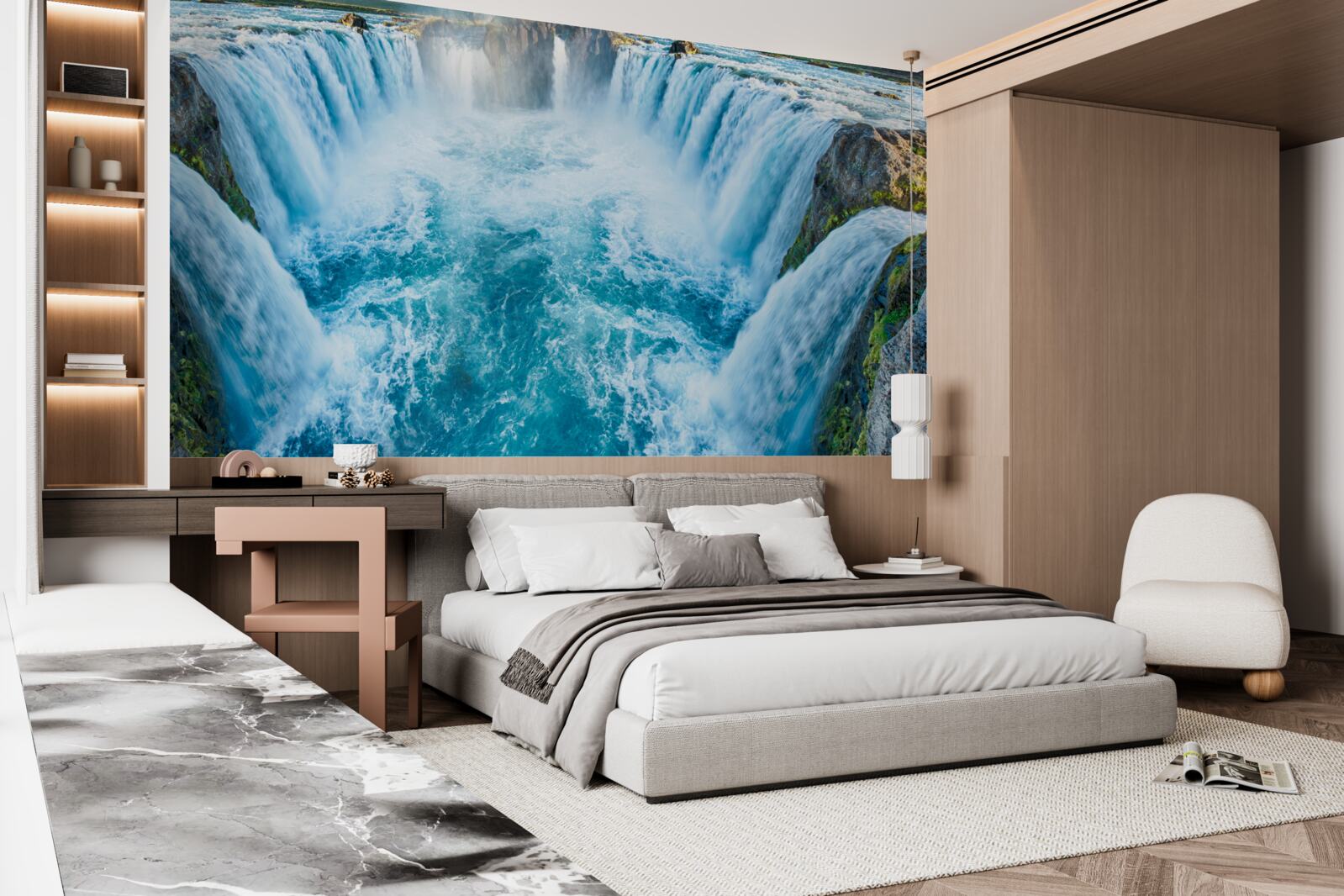 Fototapeten Eine Reihe von Wasserfällen, die mit einer Kaskade zum Fluss fallen