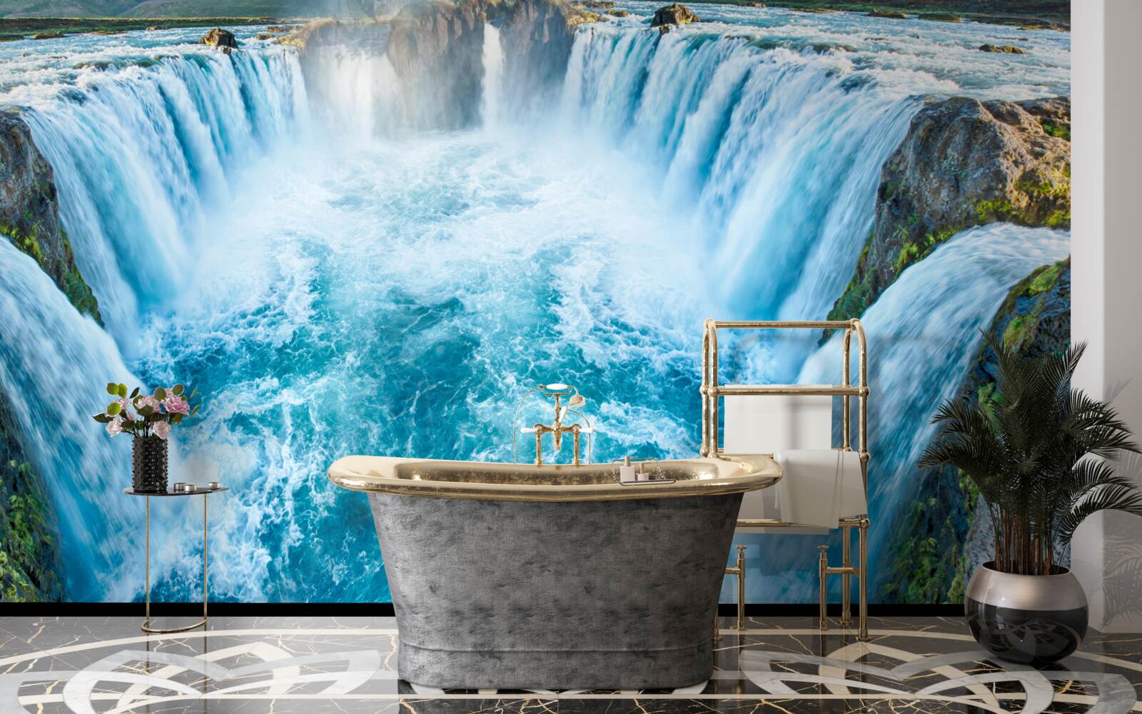 Fototapeten Eine Reihe von Wasserfällen, die mit einer Kaskade zum Fluss fallen