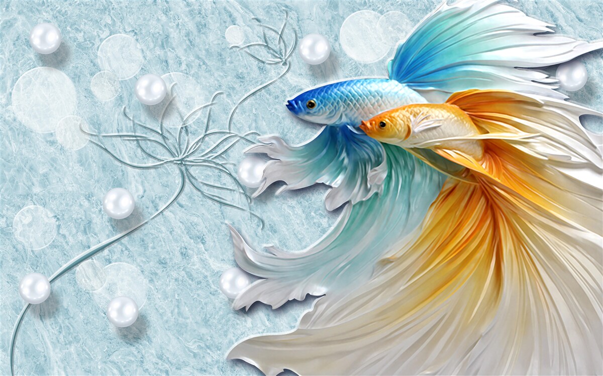 Fototapeten Fisch mit Luxusschwänzen, in Gold und Blau eingewickelt