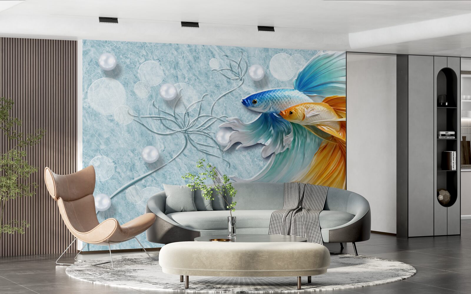 Fototapeten Fisch mit Luxusschwänzen, in Gold und Blau eingewickelt