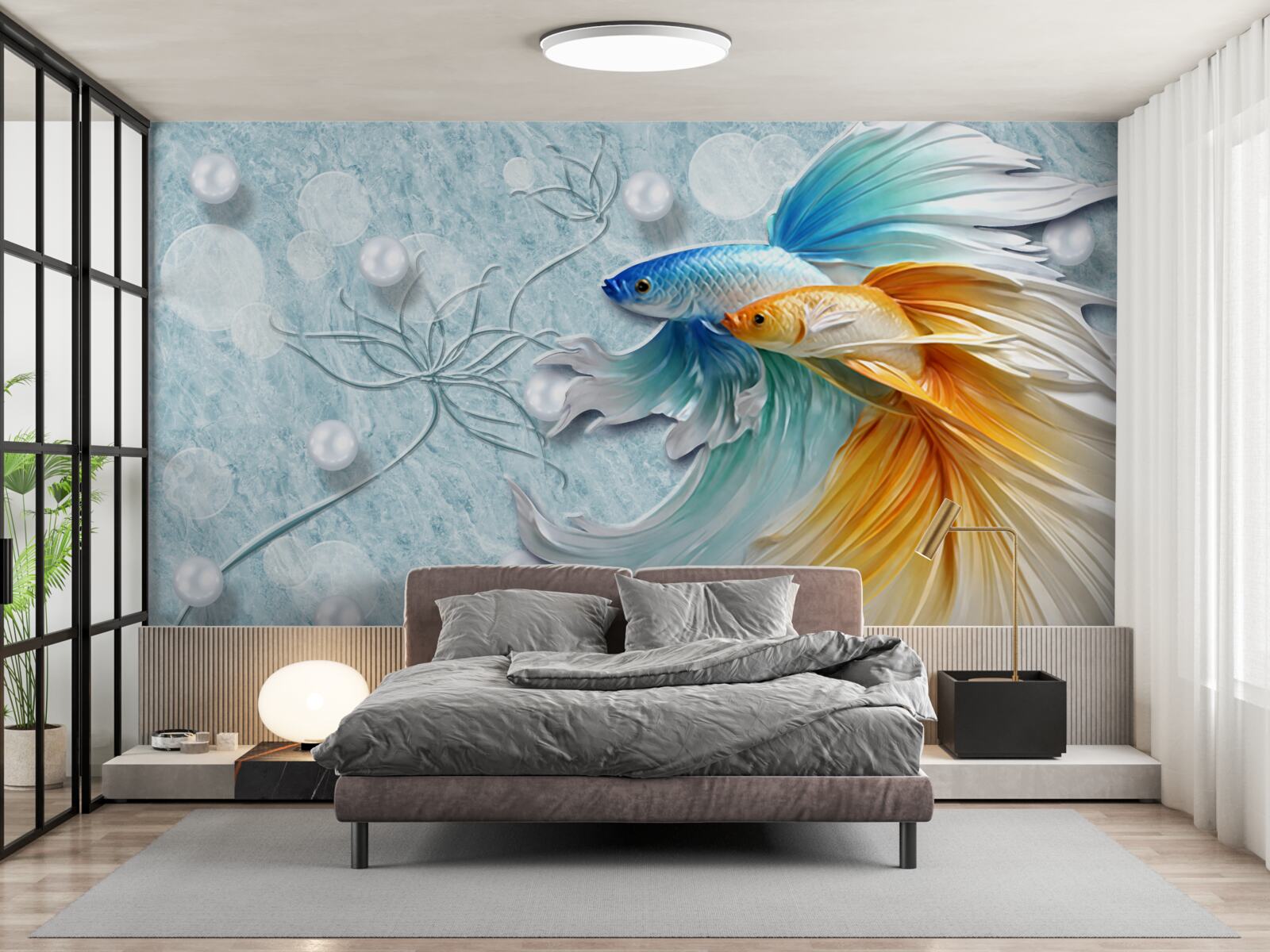 Fototapeten Fisch mit Luxusschwänzen, in Gold und Blau eingewickelt