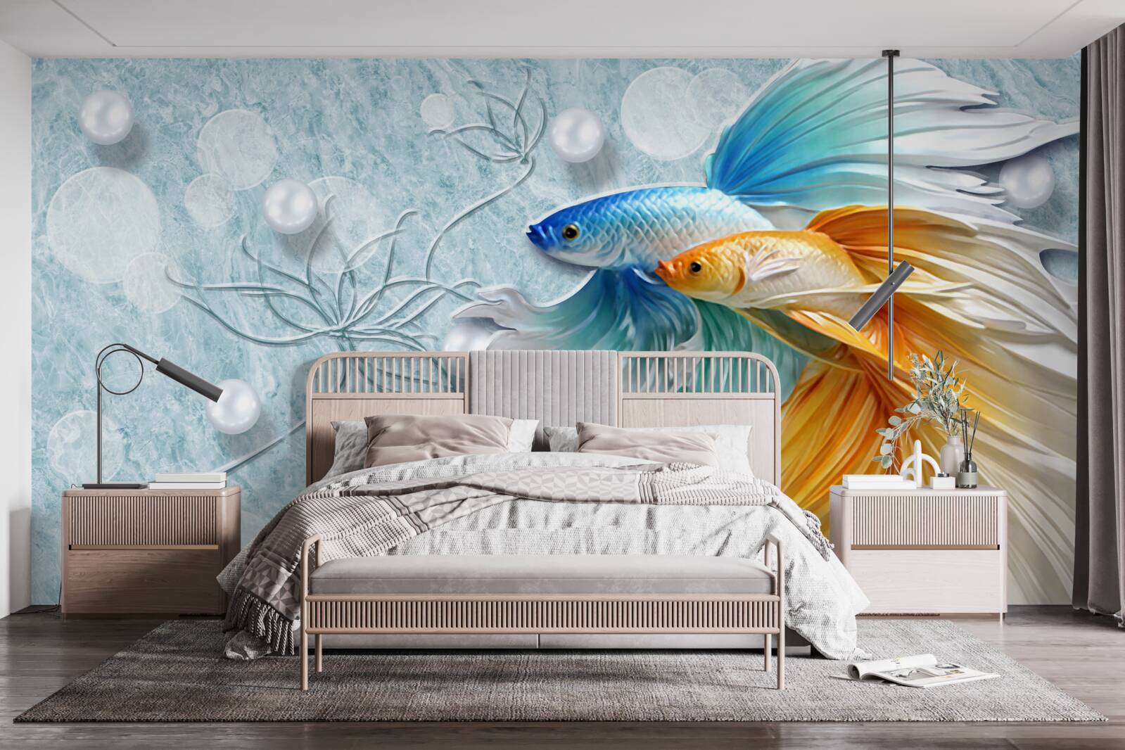 Fototapeten Fisch mit Luxusschwänzen, in Gold und Blau eingewickelt