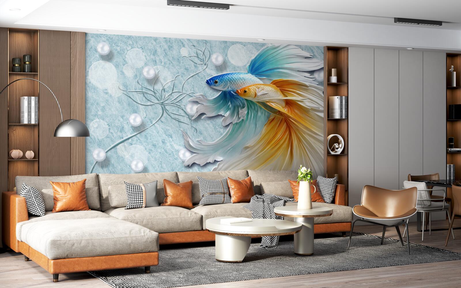Fototapeten Fisch mit Luxusschwänzen, in Gold und Blau eingewickelt