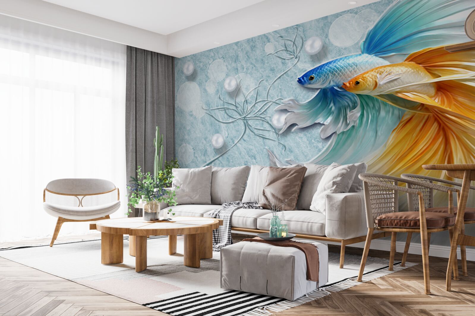 Fototapeten Fisch mit Luxusschwänzen, in Gold und Blau eingewickelt
