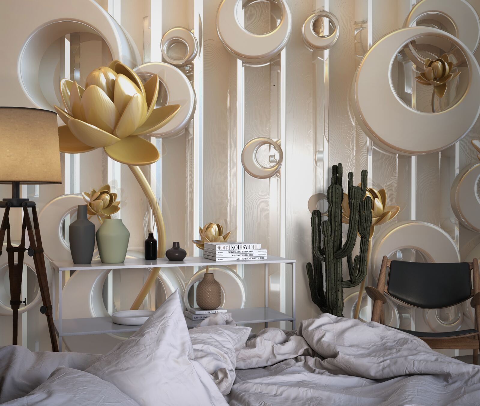 Fototapeten Goldene Blumen und Mondkugeln