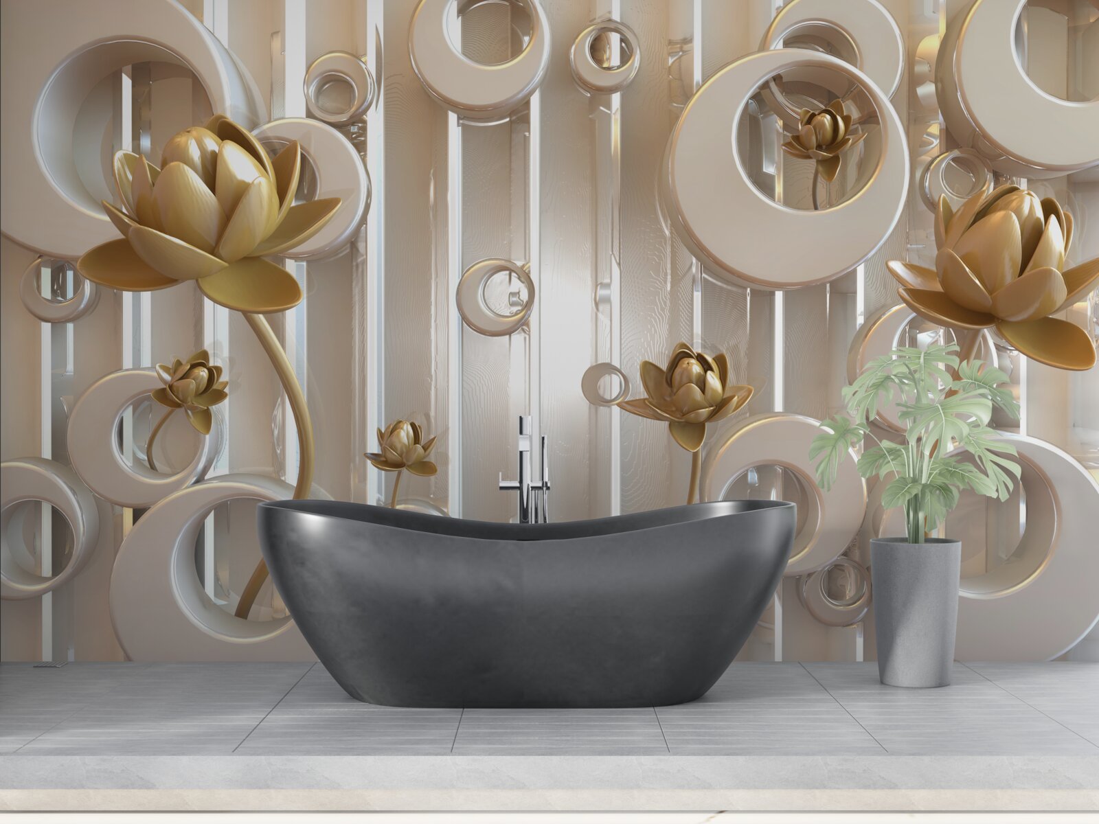 Fototapeten Goldene Blumen und Mondkugeln