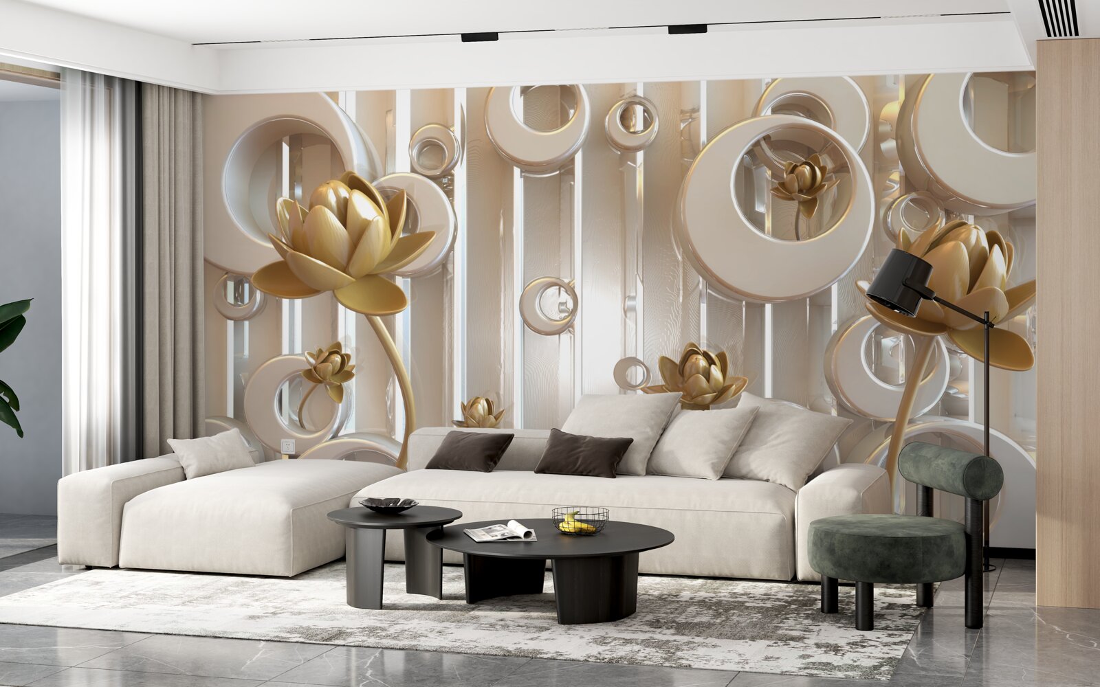 Fototapeten Goldene Blumen und Mondkugeln