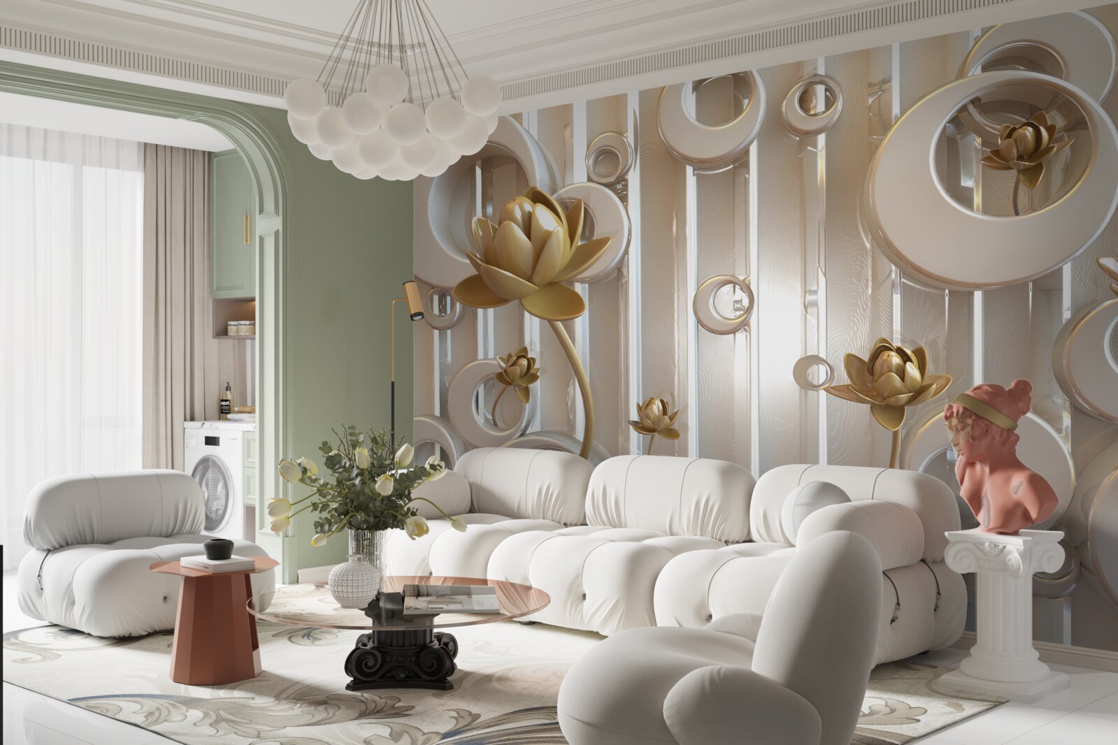 Fototapeten Goldene Blumen und Mondkugeln