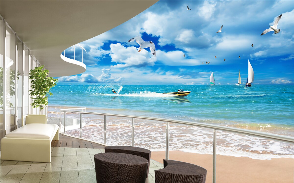 Fototapeten Blick auf das Meer und einen modernen Pavillon