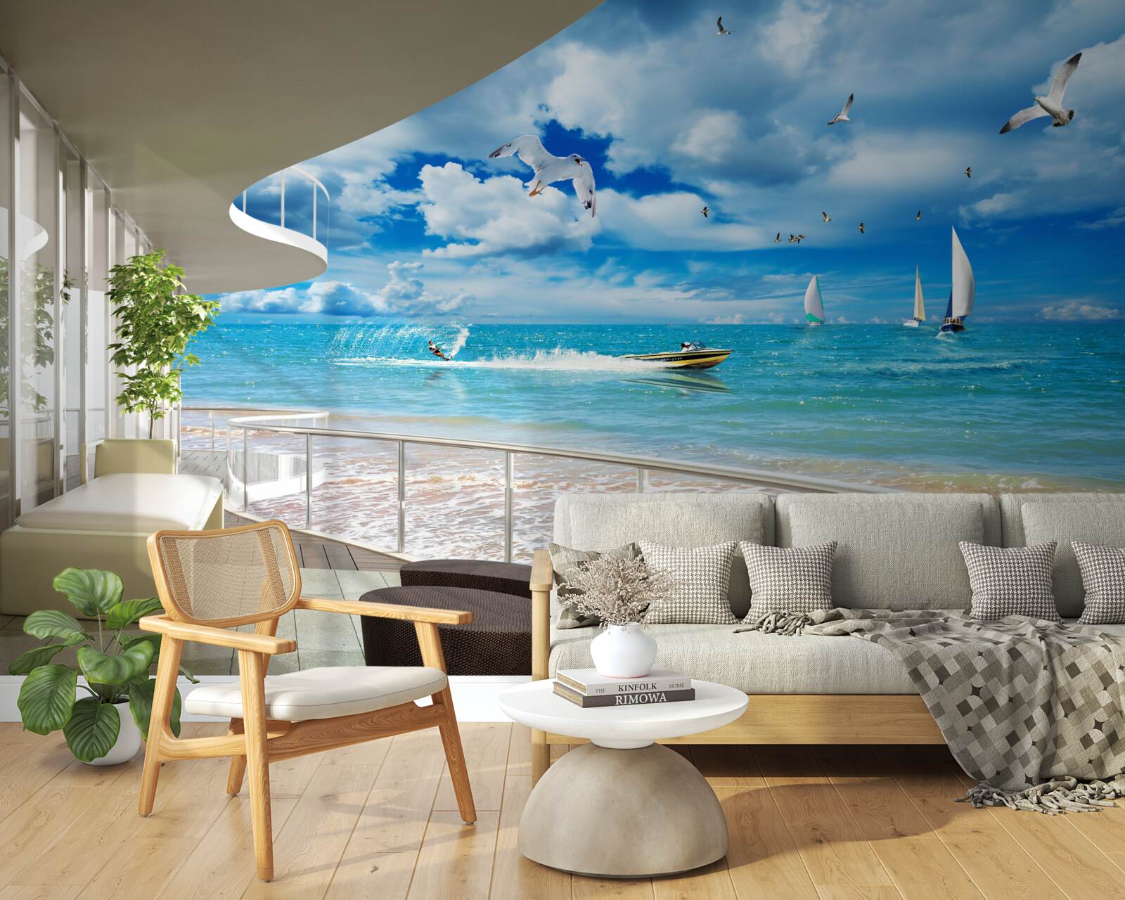 Fototapeten Blick auf das Meer und einen modernen Pavillon