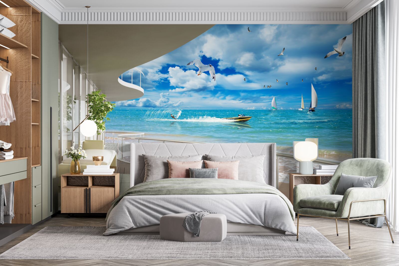 Fototapeten Blick auf das Meer und einen modernen Pavillon