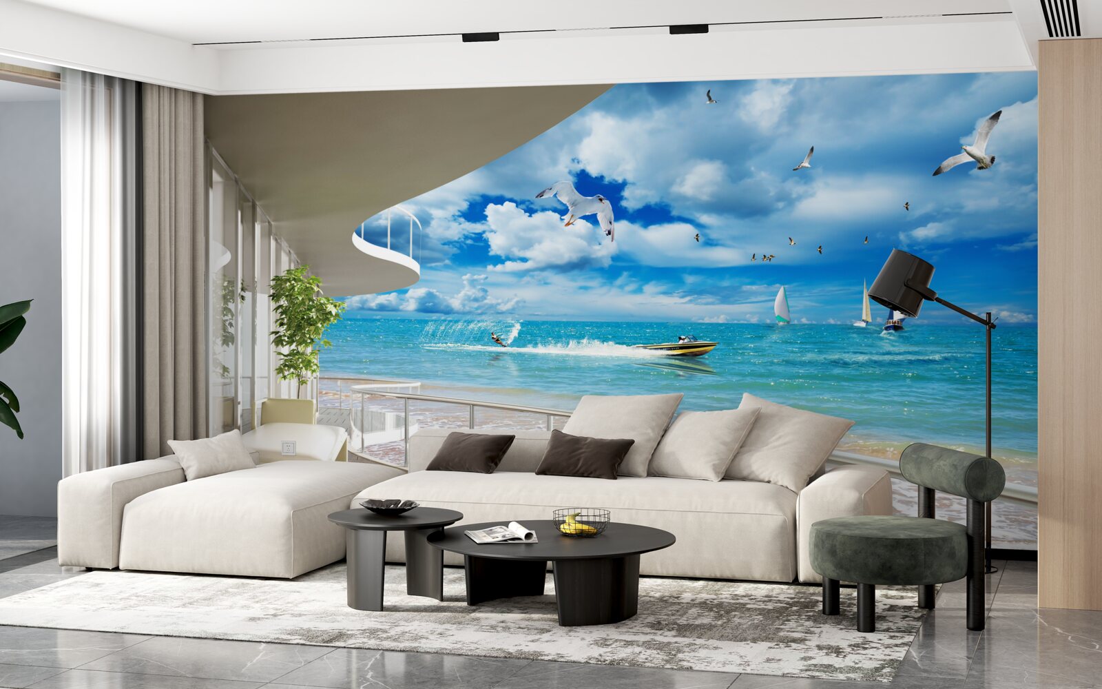 Fototapeten Blick auf das Meer und einen modernen Pavillon