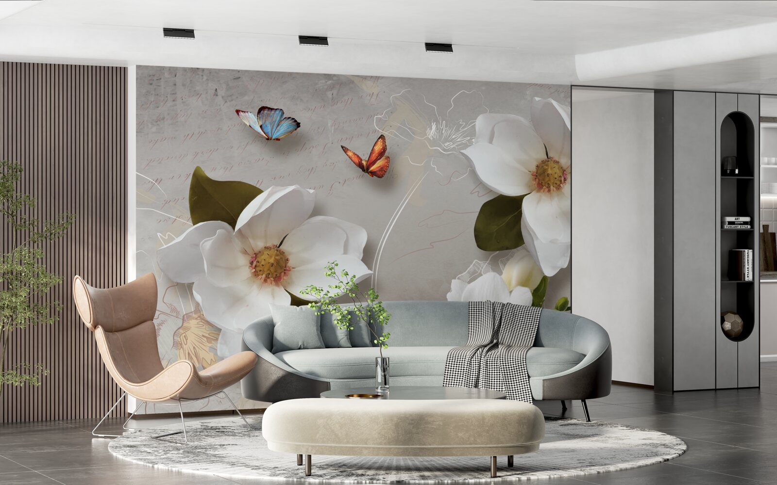 Fototapeten Zwei Schmetterlinge fliegen über schneebedeckte weiße Blumen