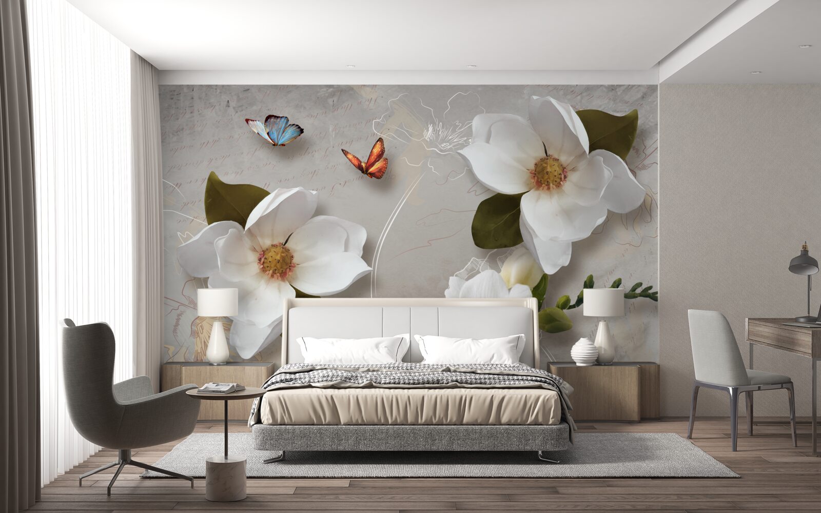 Fototapeten Zwei Schmetterlinge fliegen über schneebedeckte weiße Blumen