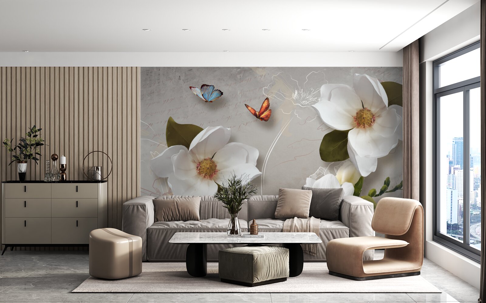 Fototapeten Zwei Schmetterlinge fliegen über schneebedeckte weiße Blumen