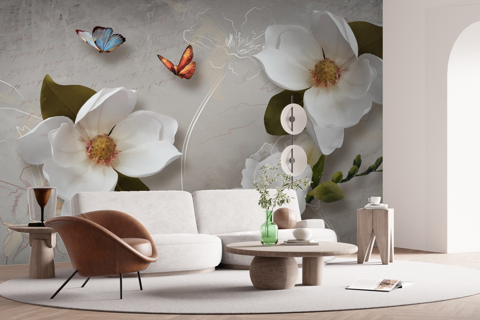 Fototapeten Zwei Schmetterlinge fliegen über schneebedeckte weiße Blumen