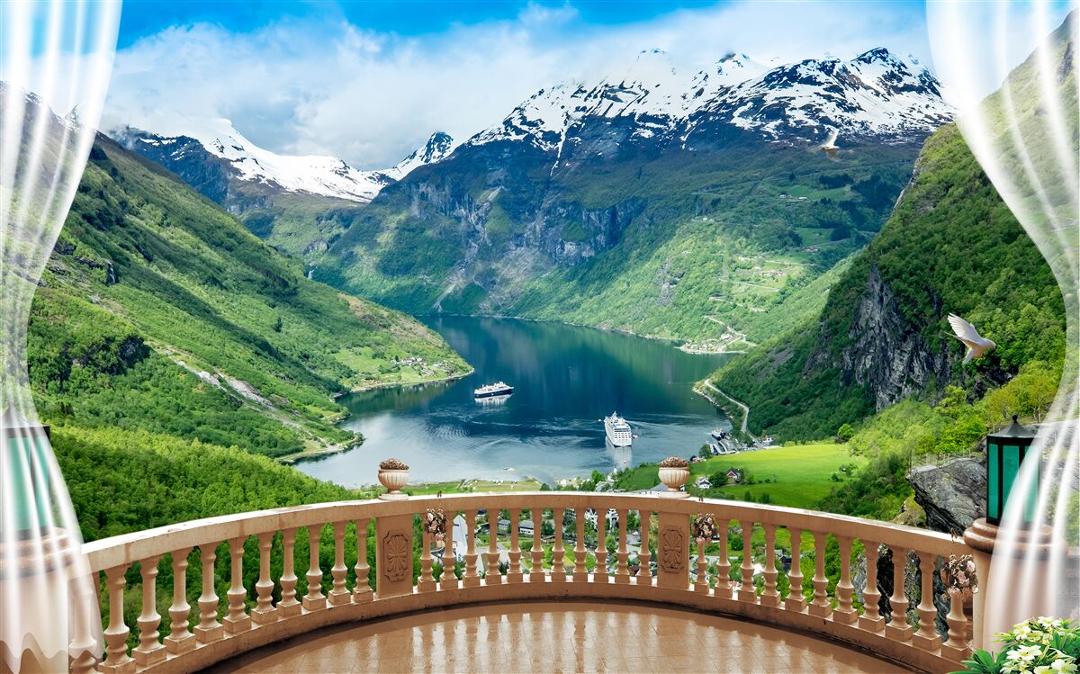 Fototapeten Terrasse von Bergen mit einem See umgeben