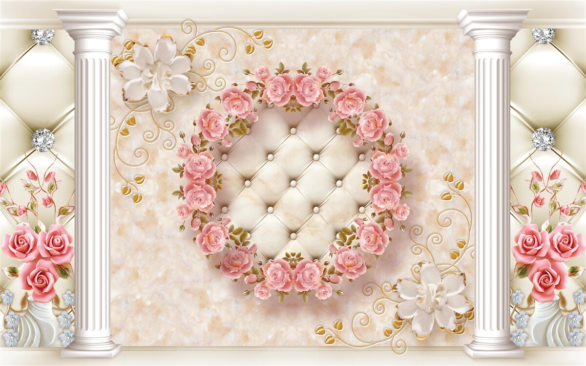 Fototapeten Ein Kranz aus rosa Rosen hängt an der Wand