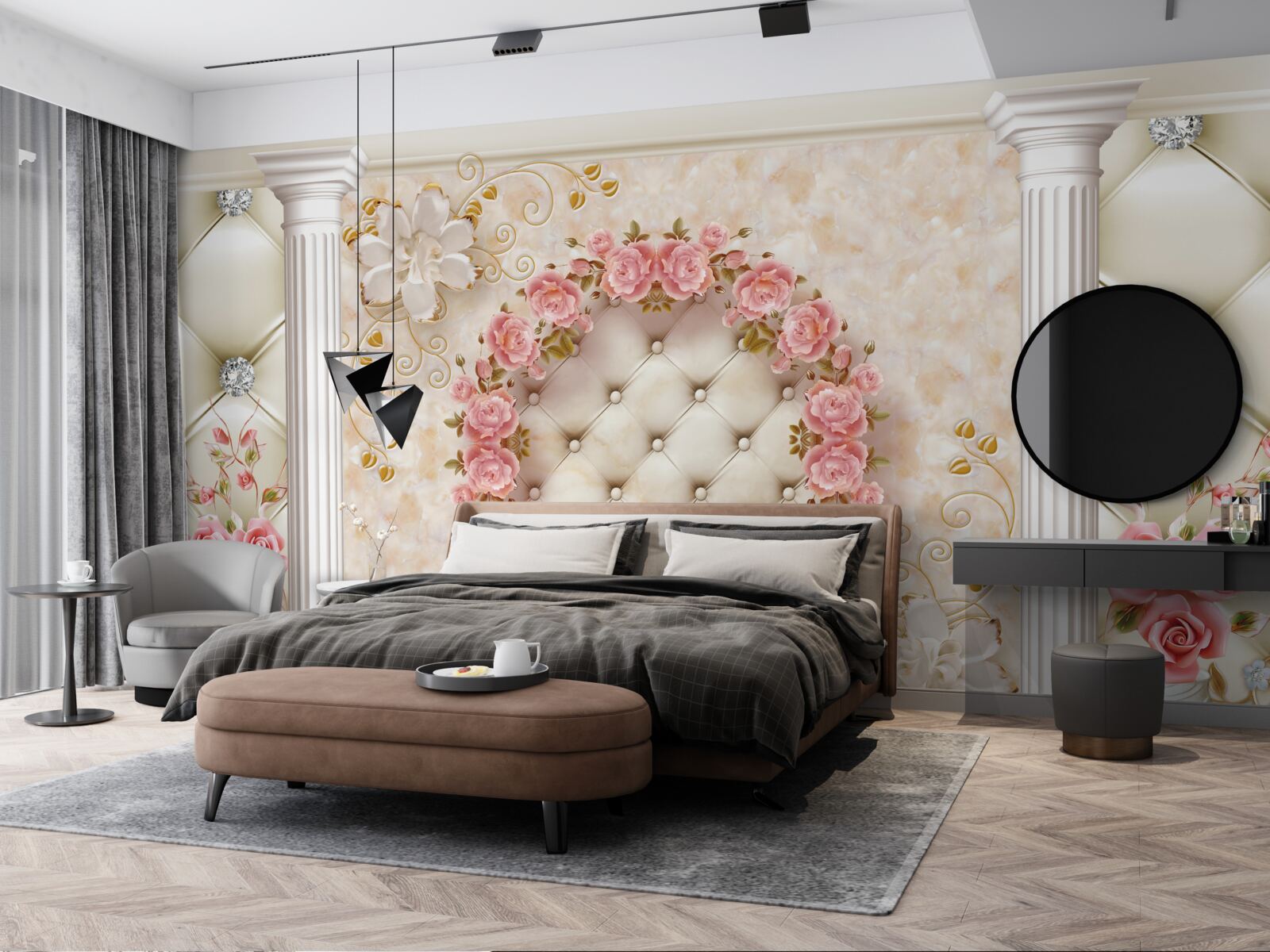 Fototapeten Ein Kranz aus rosa Rosen hängt an der Wand
