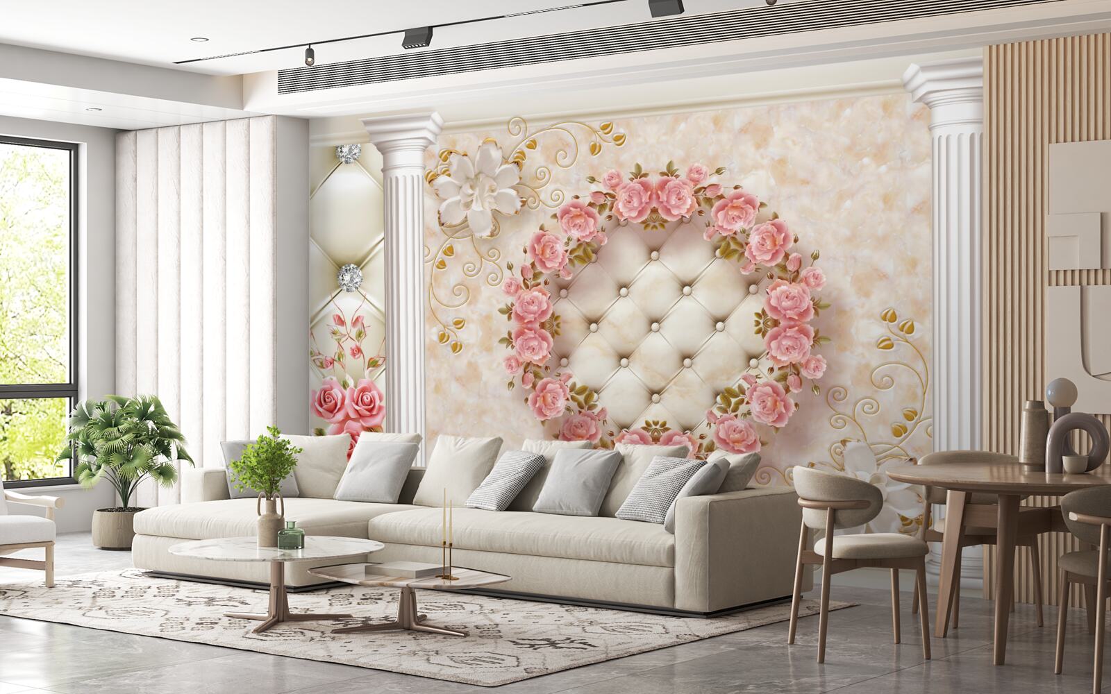 Fototapeten Ein Kranz aus rosa Rosen hängt an der Wand
