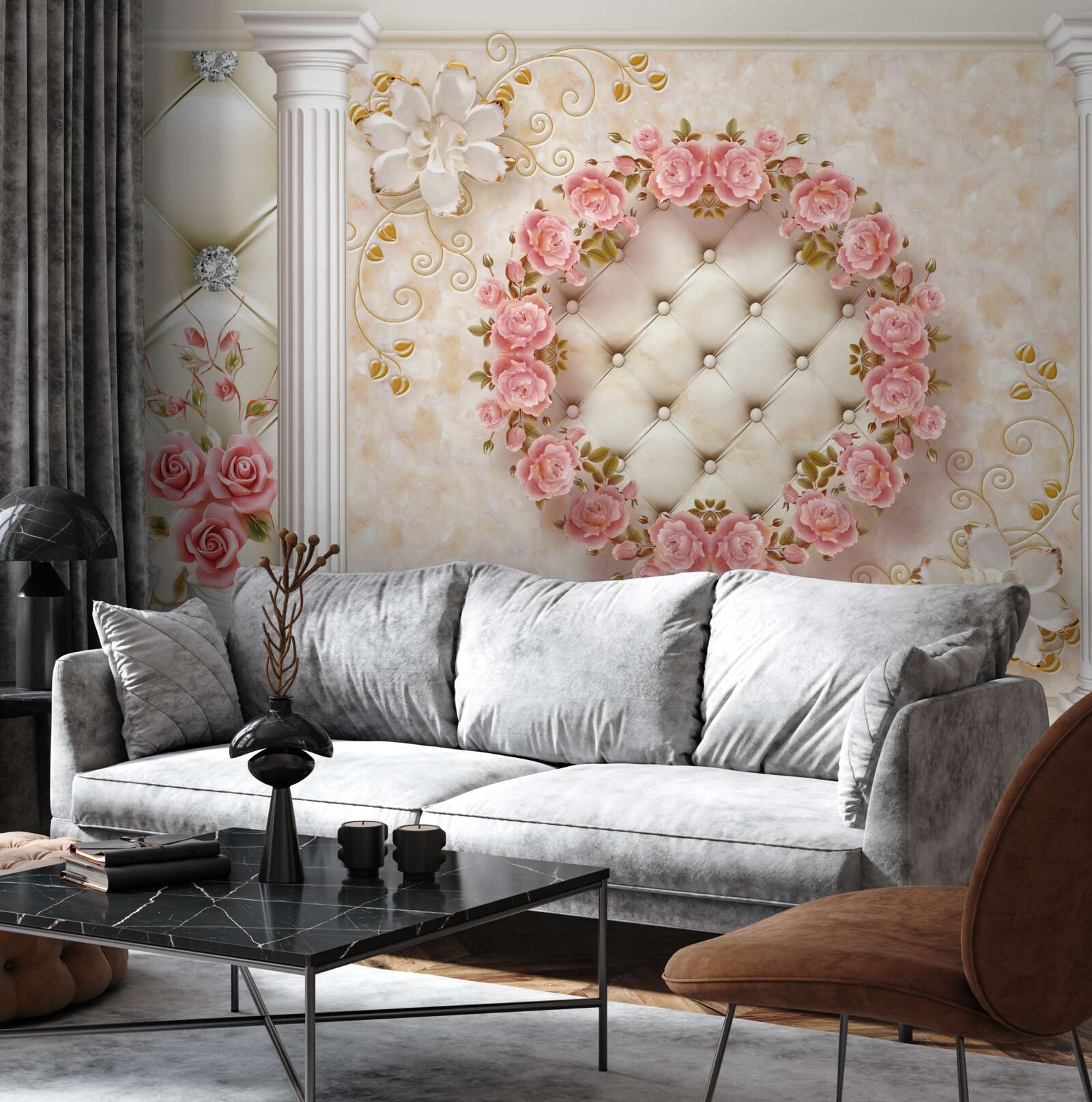 Fototapeten Ein Kranz aus rosa Rosen hängt an der Wand