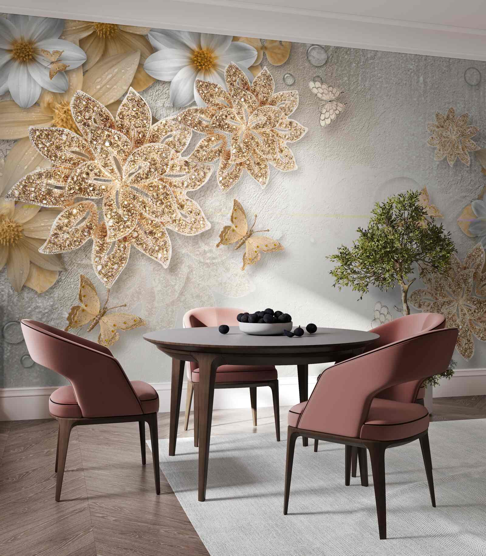Fototapeten Blumen in Weiß und Braun mit fliegenden Schmetterlingen