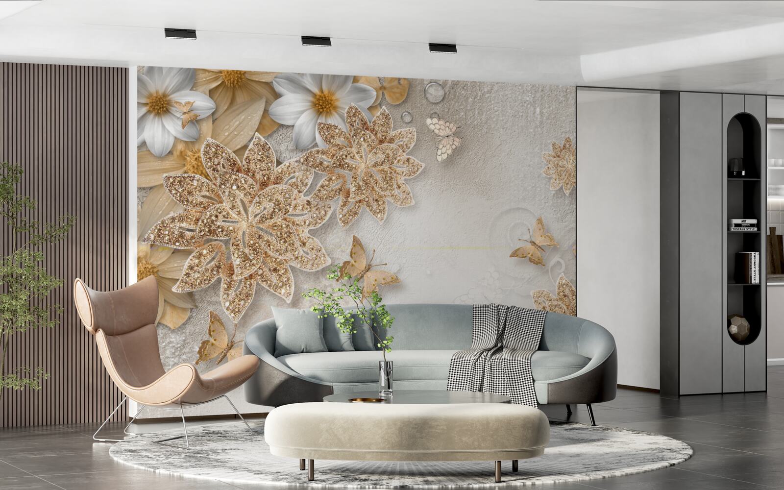 Fototapeten Blumen in Weiß und Braun mit fliegenden Schmetterlingen