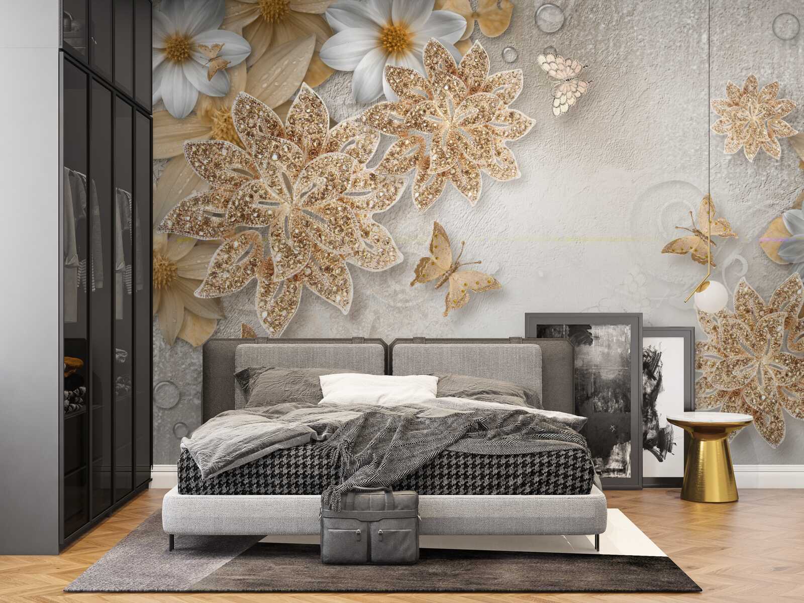 Fototapeten Blumen in Weiß und Braun mit fliegenden Schmetterlingen