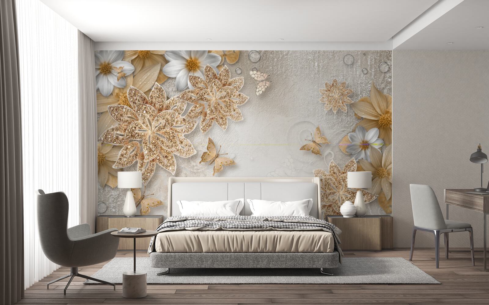 Fototapeten Blumen in Weiß und Braun mit fliegenden Schmetterlingen