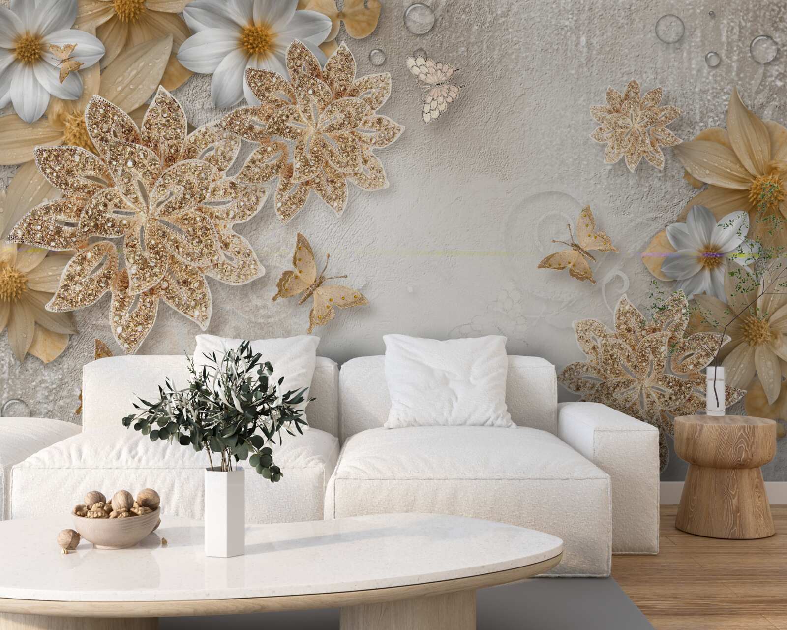 Fototapeten Blumen in Weiß und Braun mit fliegenden Schmetterlingen