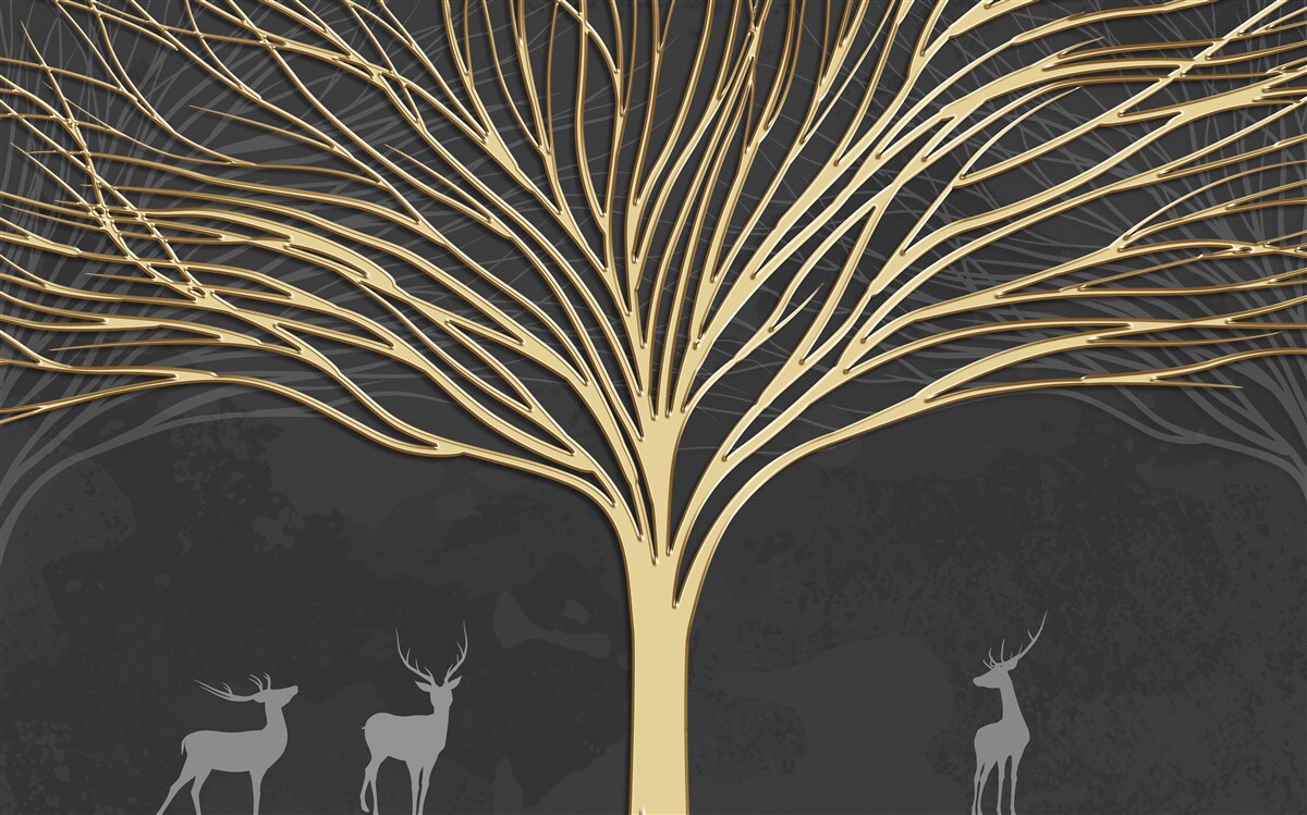 Fototapeten Ein Baum, der mit Gold bedeckt ist und in der Nähe von Hirschen weidet