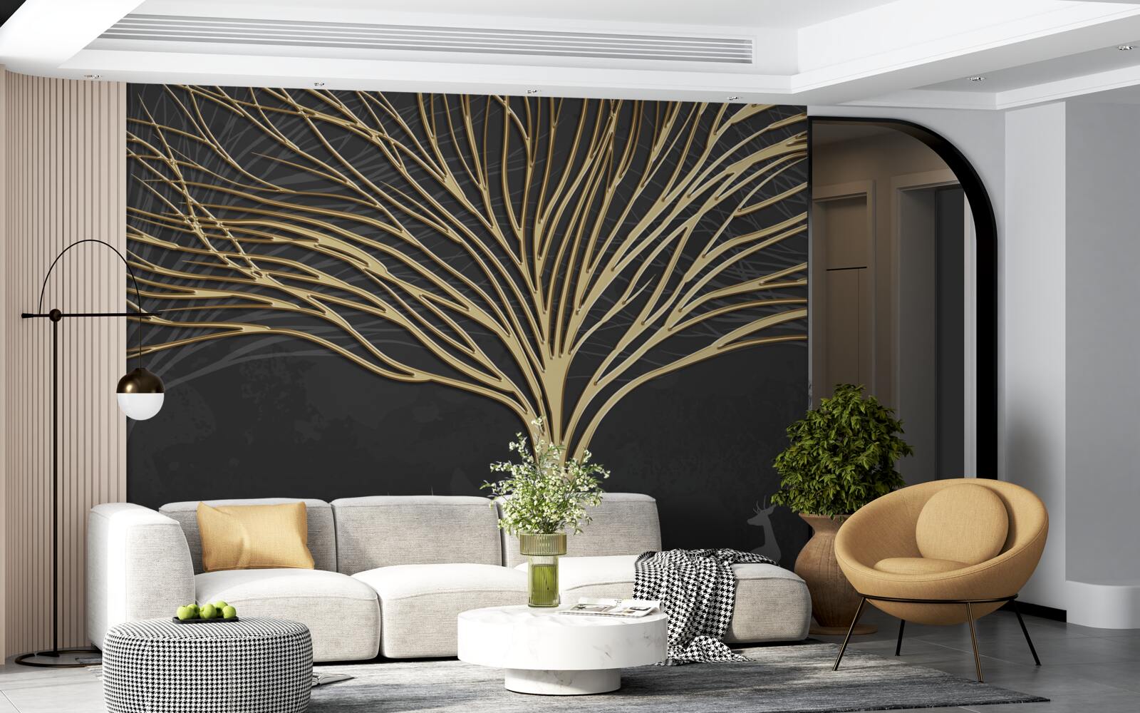 Fototapeten Ein Baum, der mit Gold bedeckt ist und in der Nähe von Hirschen weidet