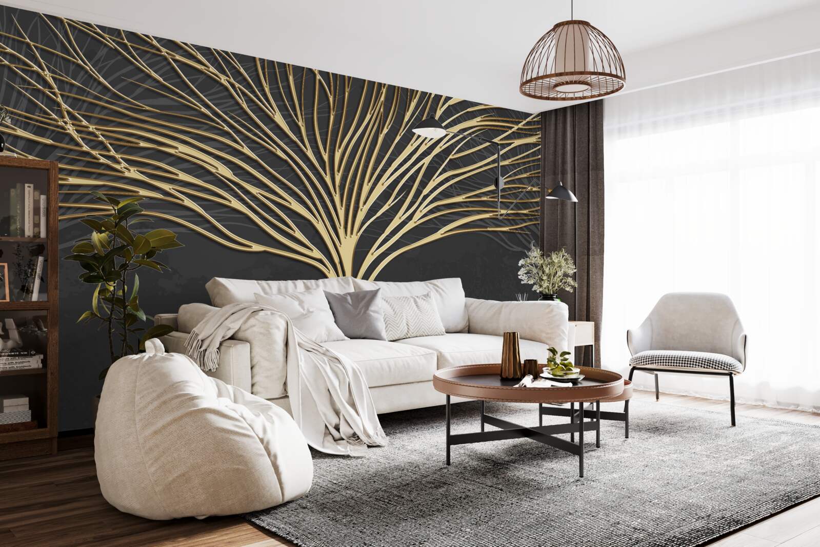 Fototapeten Ein Baum, der mit Gold bedeckt ist und in der Nähe von Hirschen weidet